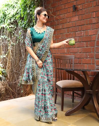 Image of Yashika Women's Georgette Saree with Lace Border |Solid Digital Printed Saree for Women