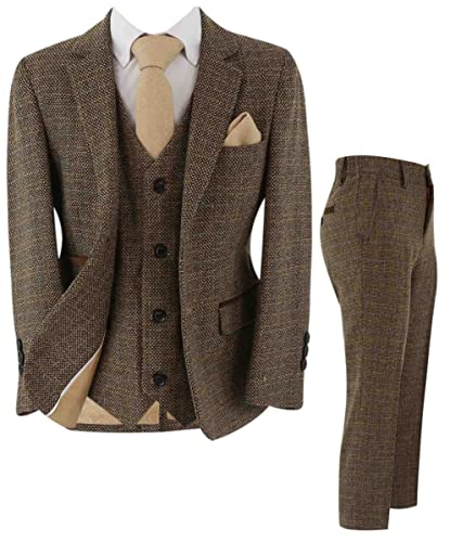 Boys Tweed Textured Retro Suit Tailored Fit 3 Piece Wedding Outfit Set In Brown, Age 14 Years #TOP5