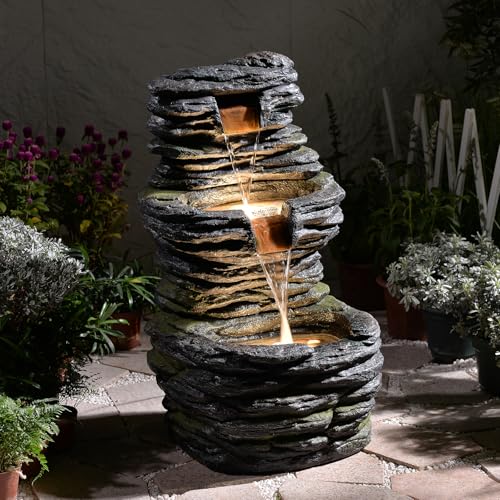 28.8” Tall Rock Water Fountain Outdoor Garden, 3-Tiers Cascading Rock