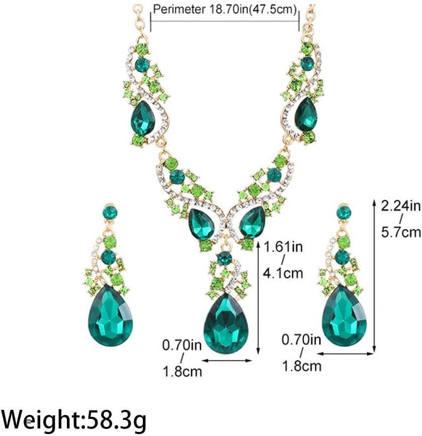 Vintage Green Teardrop Rhinestone Necklace Earrings Set for Women,Sparking Colored Zircon Cluster Dangle Earrings,Trendy Wedding Jewelry Accessories Gift - Image 3