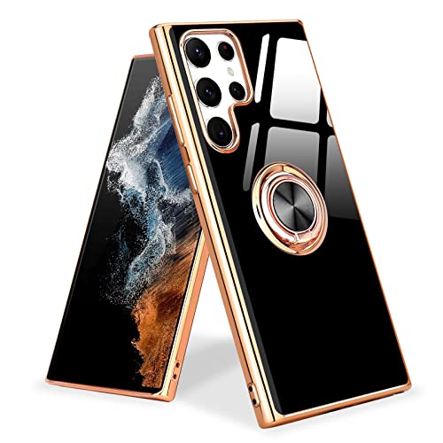 Urarssa Kompatibel mit Samsung Galaxy S22 Ultra 5G Hülle, Glänzend Weiche Handyhülle mit 360 Grad Ring Ständer Schutzhülle, Stoßfest Samsung S22 Ultra 5G Hülle, Schwarz