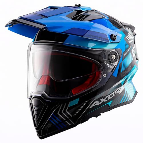 Image of Axor X-Cross Gambling ISI ECE and DOT Certified Premium Off-Road Full Face Helmet with Pinlock Fitted Dual Visors and Stylish Peak-Black Blue-L