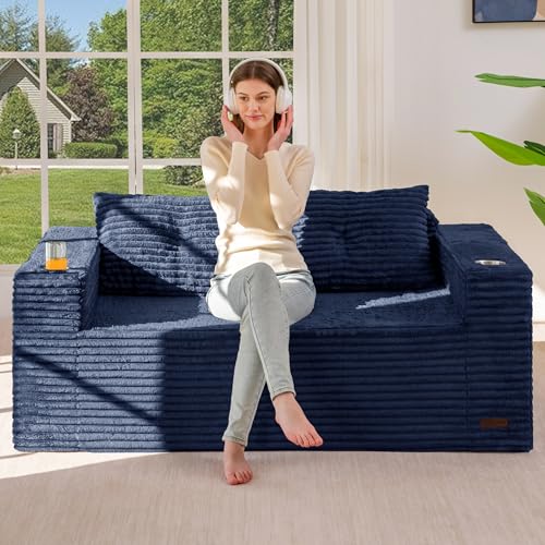 Image of MAXYOYO 63 inch Boneless Loveseat Sofa Couch for Small Spaces, Mini Love Seat Floor Couch with Cup Holders and Pillows, 2-Seater Upholstered Cloud Couch for Bedroom Apartment, No Assembly Required