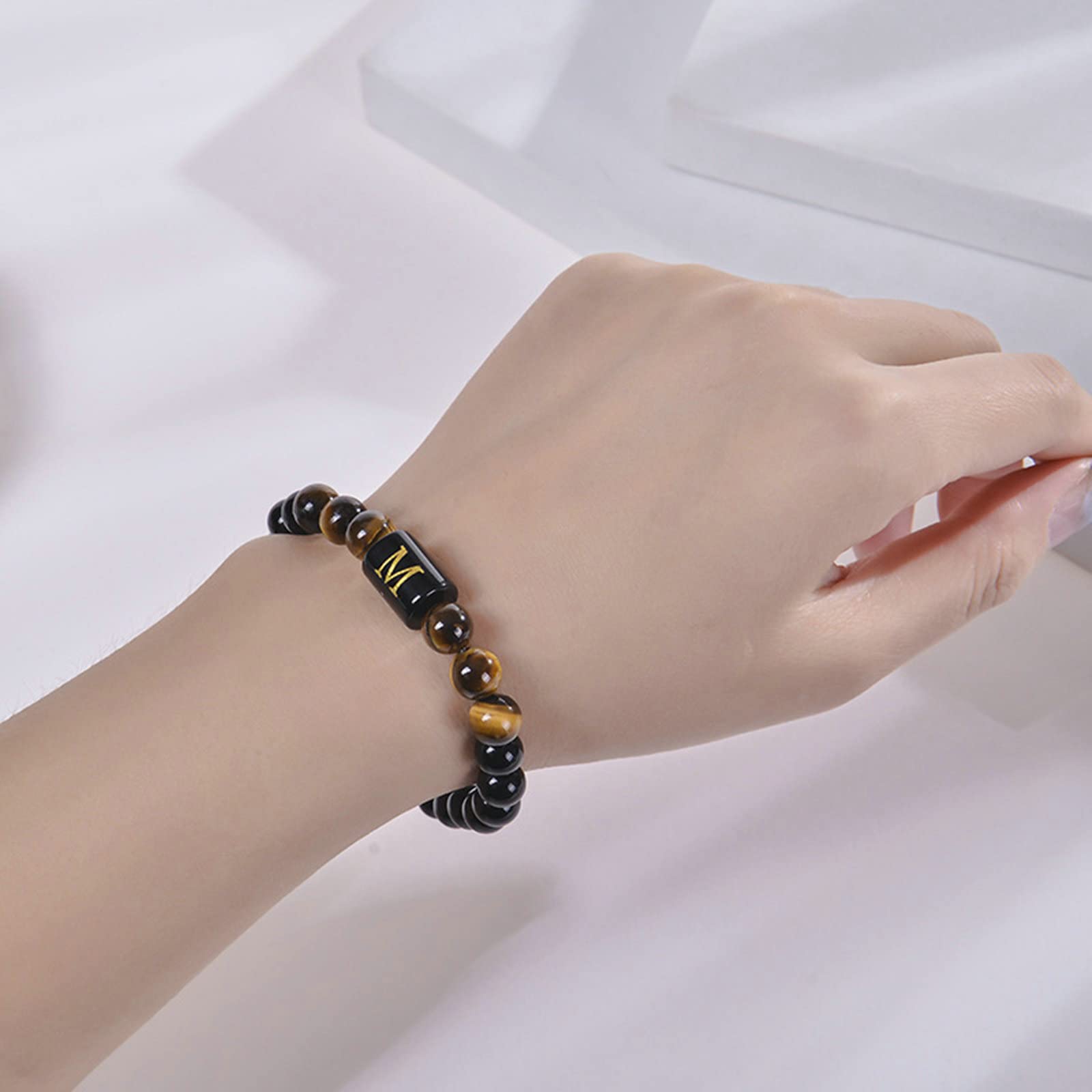 Naturstein-Armband für Damen, Tigerauge-Obsidian-Perlen-Buchstabe AZ-Armband, Stretch-Armbänder für Herren, 16,7 cm