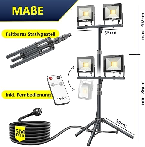 Bild 6 - MASKO® LED Baustrahler 8000 Lumen Doppel 2x50W mit Stativ & Fernbedienung Arbeitsleuchte 72LEDs Arbeitsscheinwerfer 360° Drehbar IP65 Bauscheinwerfer 5m Kabel Baustellenlampe höhenverstellbar 86-202cm