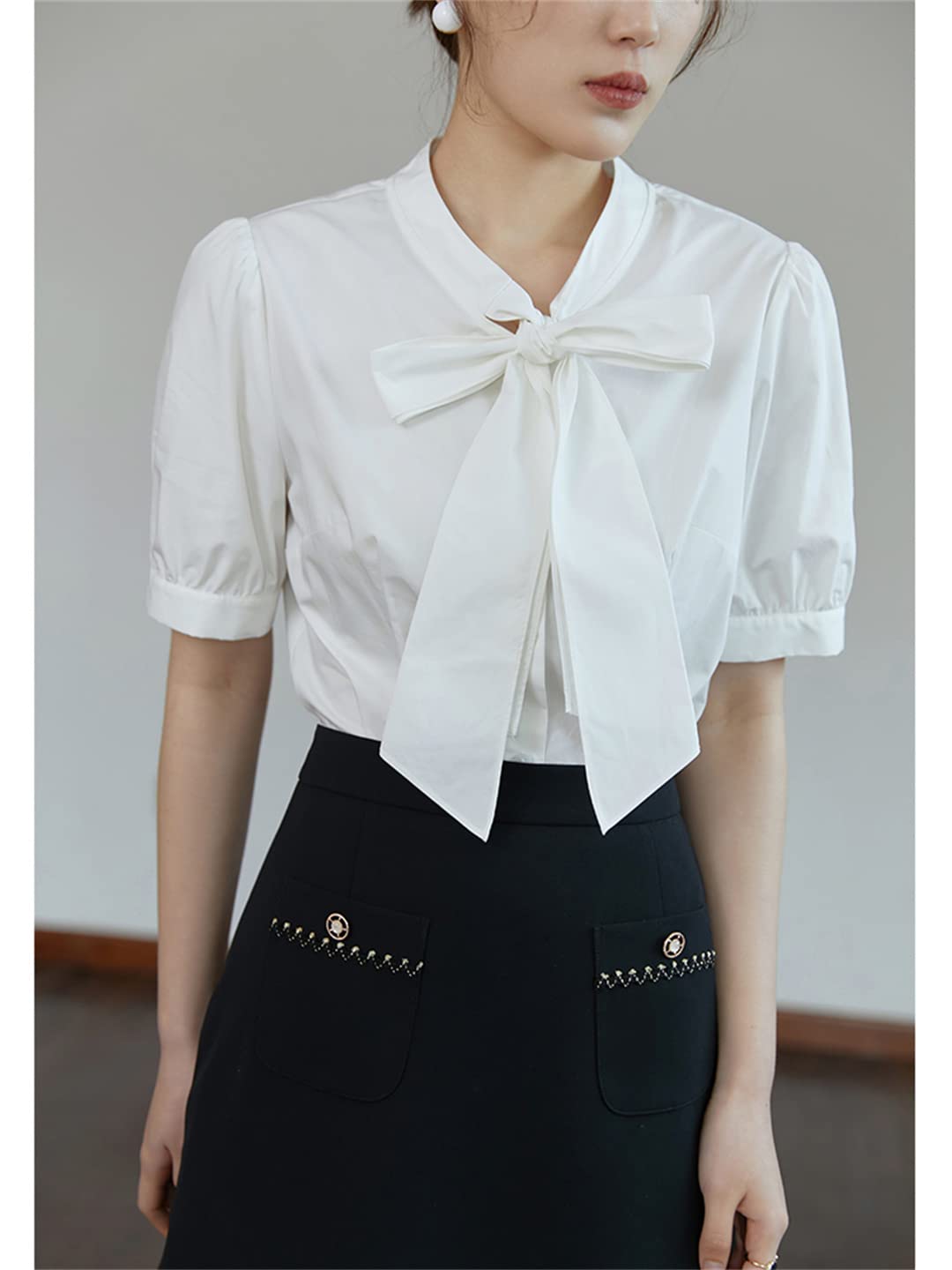 Blusas Blancas de Manga Corta con Cuello de Pajarita para Mujer Camisas Informales de algodón para Mujer de Oficina con Encaje Recto