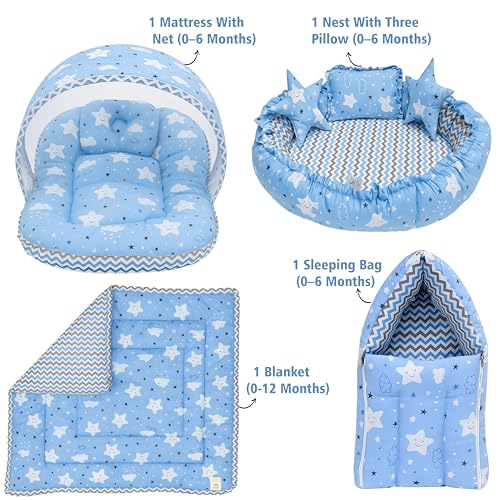 Image of Fareto Combo of Baby Bed with Net | Carry Bag | 4 Pcs Bedding Set (0-6 Months, Baby Size, Cotton) (Blue Cloud)