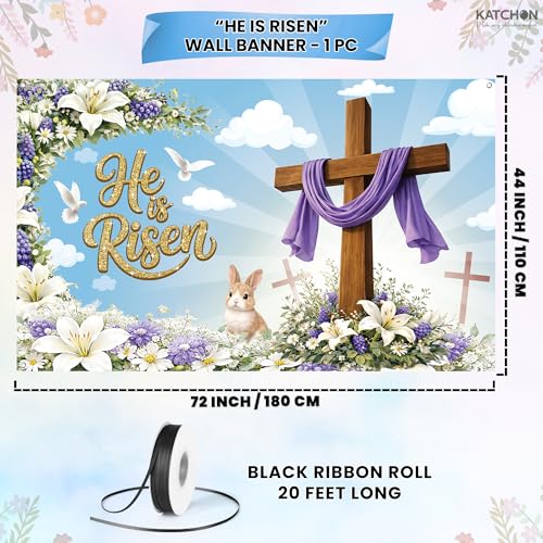 Image of KatchOn, Large Happy Easter Banner - 72x44 Inch | He is Risen Backdrop for Easter Decorations, Christian Easter Decorations | Easter Photo Backdrop, He Is Risen Decor, Jesus Spring Party Decoration