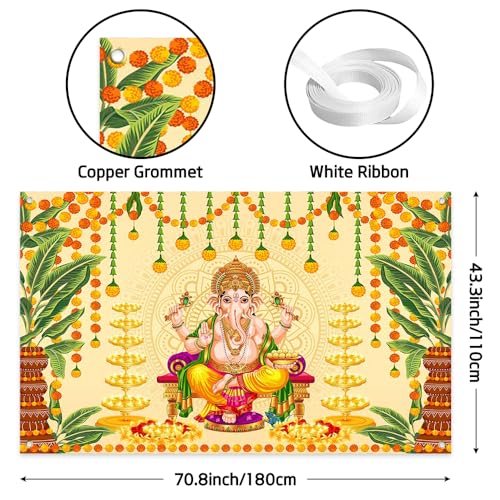 Image of Pooja Ganpati Decoration Banner Indian Puja Cloth Items Backdrop Traditional Chatiya Ganesh Mehndi Photography Background Festival Wedding Party Marigold Garlands Photo Booth 70.8x43.3inch