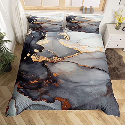 Marble Duvet Cover Black Golden Pastel Bedding Set Marble Abstract Art Design Girls Comforter Cover Set Bronzing Decor Luxury Bedspread with Zipper Ties Women Soft Microfiber Quilt Set, Twin