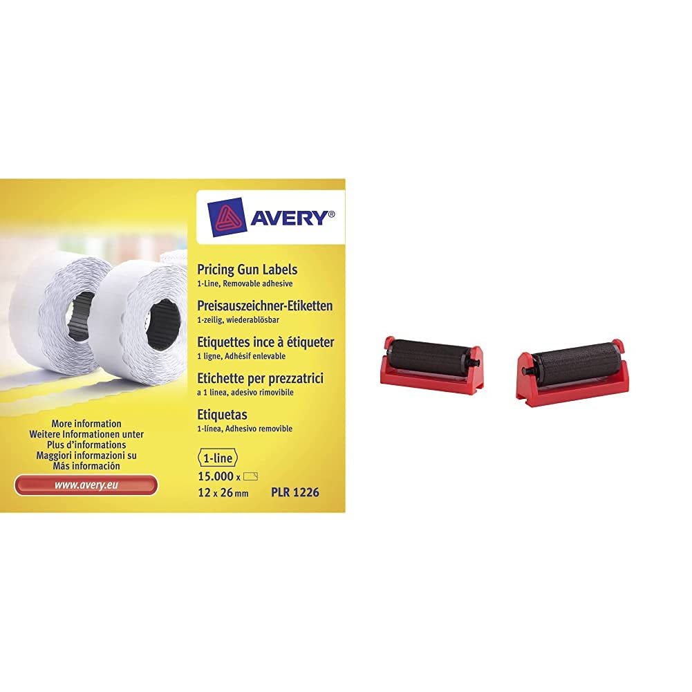 AVERY - Boite de 10 rouleaux de 1500 étiquettes autocollantes pour étiqueteuse 1 ligne (total de 15000 étiquettes), Format 26 x 12 mm & Pack de 5 rouleaux encreur noirs pour pince à étiqueter