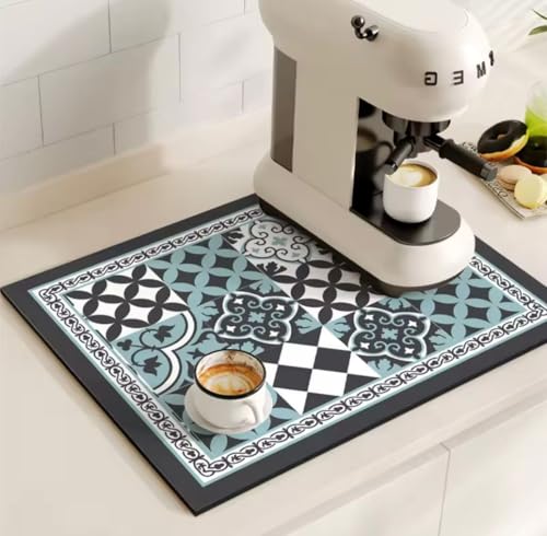 Image of HomeCloud Super Absorbent Dish Drying Mat for Kitchen Counter - Non-Slip, Heat-Resistant Rack Pad - Hides Stains, Ideal for Dishes, Coffee Maker, and Kitchen Appliances (Morrocan Navy, 50x40 cm)
