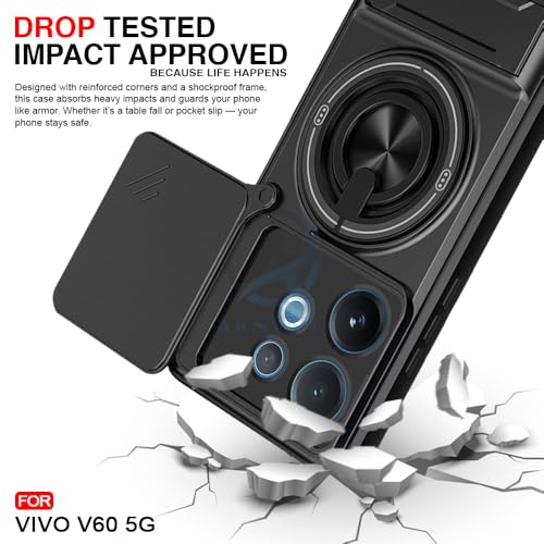Image of AESTMO Vivo V60 / V60E / T4 Pro 5G Back Cover | Armor Camera Slider 360 Degree Rotating Finger Ring Holder Case with Bracket Stand Back Case Cover (Compatible with MagSafe Accessories) (Black)