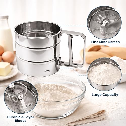 Image of Stainless Steel Flour Sifter Cup, Hand Press Atta Chalni /Atta Channi, Fine Mesh Flour Sieve for Baking, Maida, Powdered Sugar & Cocoa, Durable Kitchen Tool