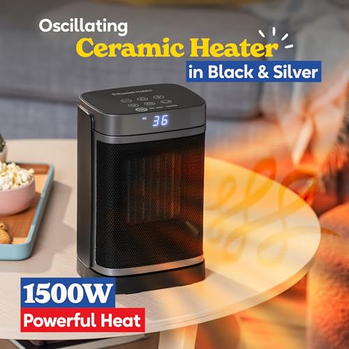 Image of Russell Hobbs Space Heater Black and Silver 1500W Silent Portable Oscillating Ceramic Electric Heater, Low Energy Digital Display, 4 Modes, 24h Auto Timer