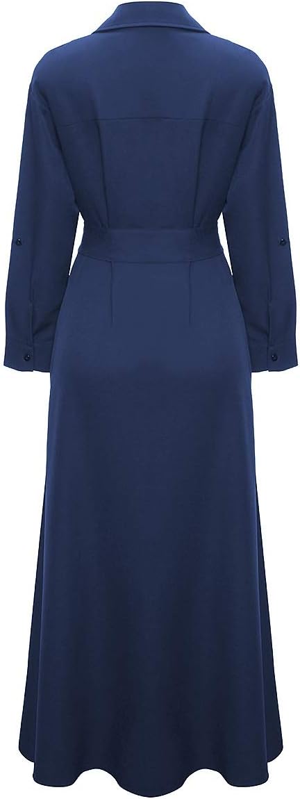 VERWIN Women Long Sleeve Loose Elegant Maxi Dress Button Down Up Shirt Long Dress with Pockets and Belts - Image 6