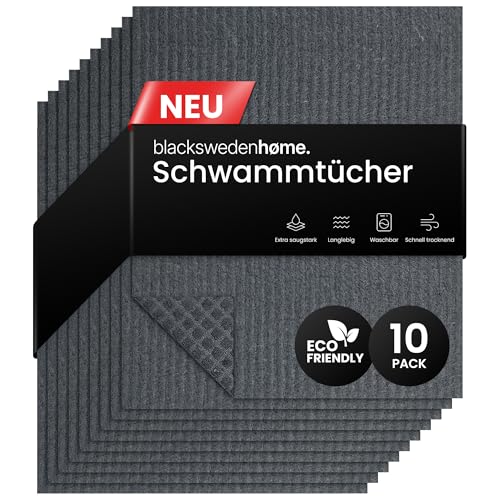 Black Sweden Home Spültücher schwarz (Dunkelgrau) - 10er Pack schwedische Spüllappen aus Baumwolle & Zellstoff - waschbare Schwammtücher Küche, nachhaltige Küchentücher wiederverwendbar, Lappen
