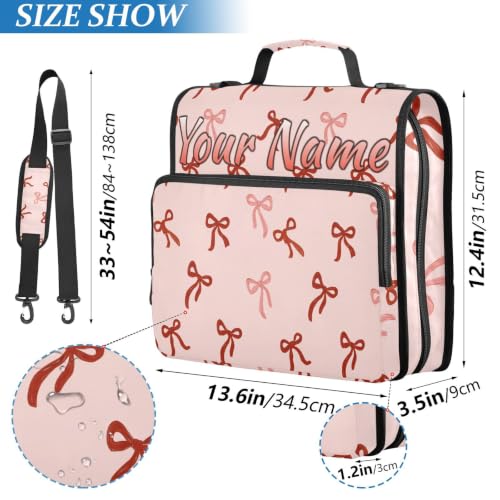 Image of Custom 3 Ring Zipper Binder Cute Red Bows Pink Personalized Name 1.5 Inch Binders Large Capacity Multi Pockets for School Office Supplies