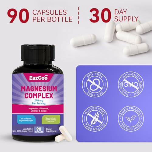Image of Magnesium Supplement - Magnesium Complex- 3 Forms: Magnesium L-Threonine, Glycinate & Taurate - Supports Relaxation & Brain Health, 90 Veggie Capsules