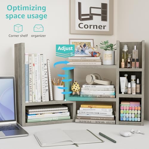 Image of NUTIKAS Desk Shelves Desktop Organizer Shlef - Grey Office Organization for Top of Desk Organizers and Accessories Corner Bookshelf Table Top Shelving Small Hutch Decorations for Office