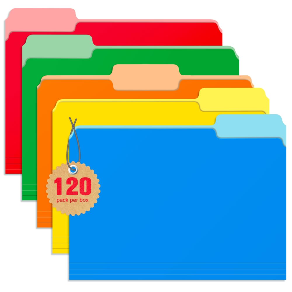 120 Pack Two Tone Color File Folders, Bulk 8.5 x 11 Inch File Folder with 5 Assorted Colors, 1/3 Cut Tab, Ideal School Classroom & Office Supplies