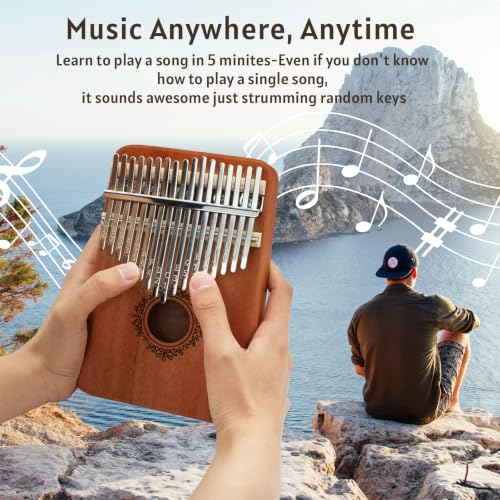 Image of 17 Key Kalimba Thumb Piano, Portable Mbira Instrument with Tuning Hammer & Study Guide, Gift for Adult Beginners and Music Enthusiasts - Butterfly Love Flower