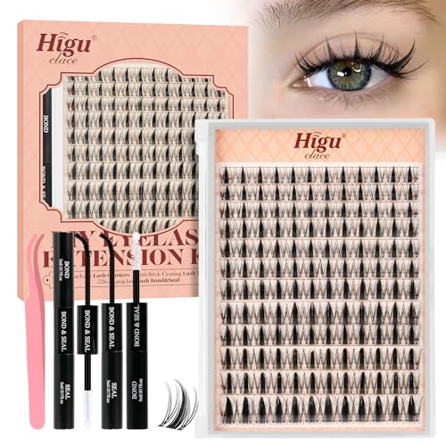 Manga-Cluster-Lashes Kit D curl Higu clace Natural Lash Clusters Kit 10-18mm Eyelashes-Individual kit with Bond and Seal and Tweezers DIY Eyelash Extensions Kit at Home(Natural-C
