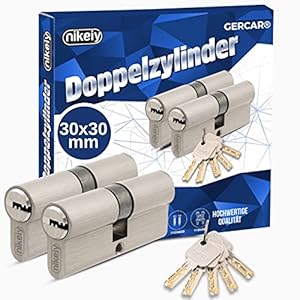 GERCAR Pro Set of 2 Profile Cylinders Simultaneous Locking 60 mm 30/30 Double Cylinder – Matt Brass – Includes 10 Keys – Reversible Key – Length: 60 mm, A:30 B:30-2x