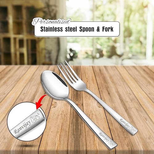 Image of SAVRI Personalized Stainless Steel Spoon & Fork Set with Name & Character Engraved. Your Kids Favorite Design. Ideal for Kids Lunch Box, Tiffin, Office, Return Gift, Birthday, Corporate Gifts.