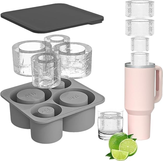 Ice Mold for Stanley Cup Silicone Ice Moulds Ice Cube Tray with Lid for Stanley Cup 20-40oz Large Ice Trays for Freezer 4 Compartments Ice Cube Moulds for Cocktails/Whisky/Drinks/CoffeeGrey