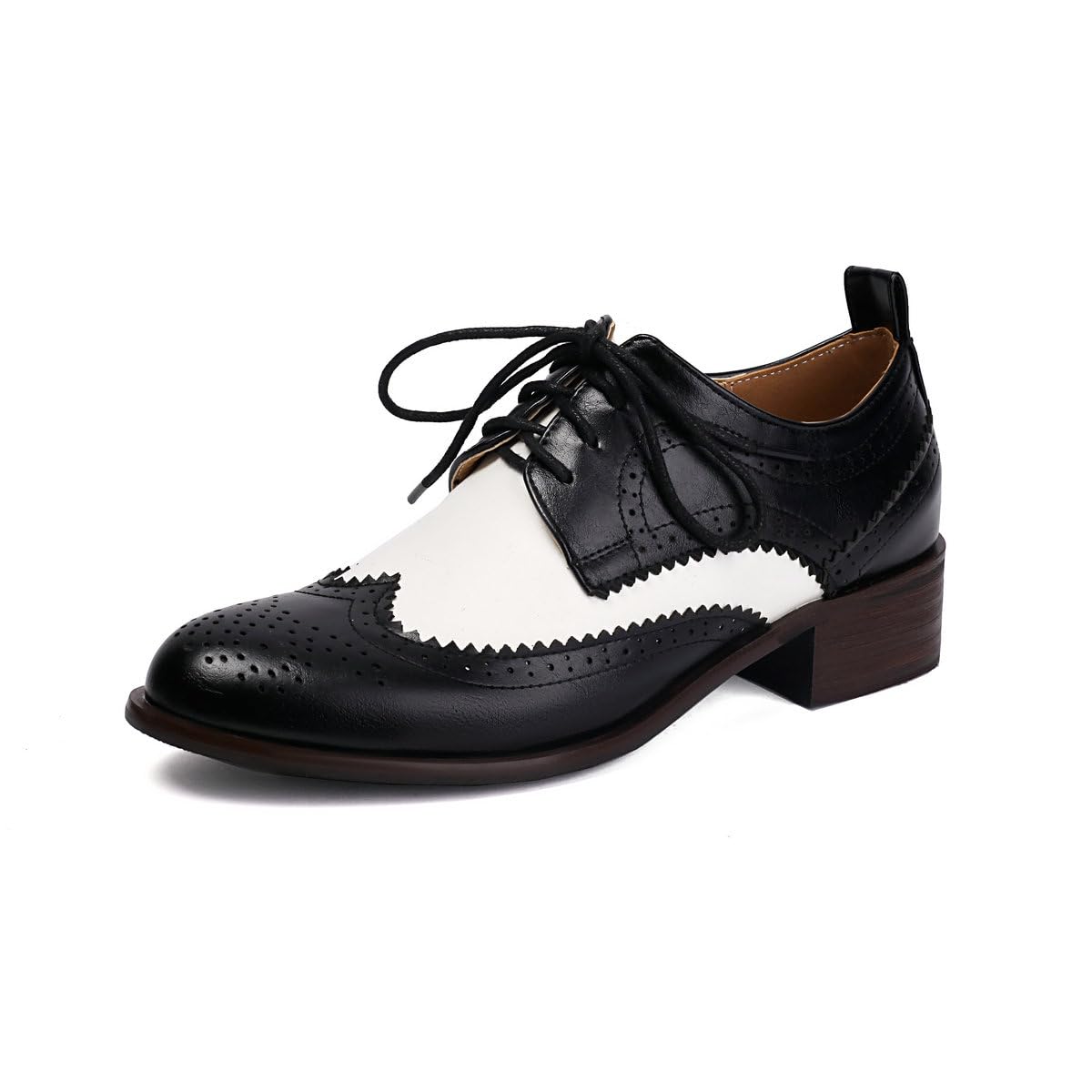Womens Saddle Oxford Shoes Black and White Two Tone Oxfords Vintage Low Heels Lace Up Brogue Style Saddle