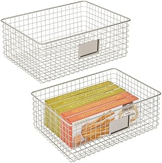 mDesign Set of 2 Wire Storage Basket  Wire Basket with Label Slot for Storing Items  Metal Basket for Kitchen, Bedroom, Bathroom  40.6 cm x 30.5 cm x 15.2 cm  Matte Silver