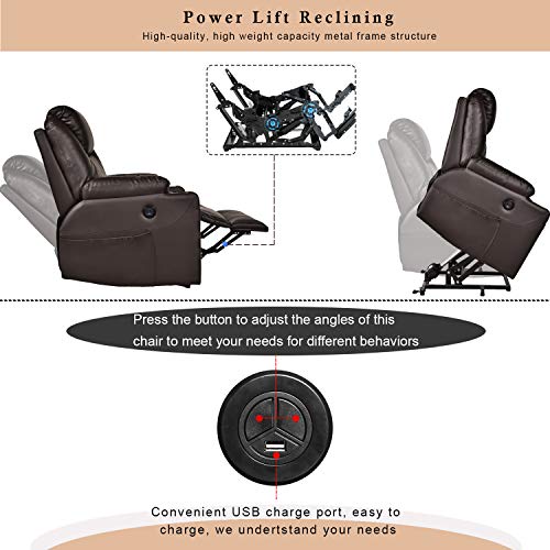 MAGIC UNION Power Lift Electric Recliner Chair PU Leather for Elderly Sleeper Heated Vibration Massage Sofa with Side Pockets USB Charge Port Cup Holder & Massage Remote Control Living Room (Brown)