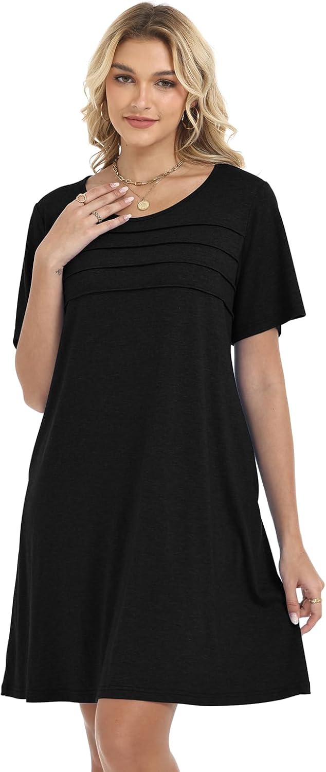elescat Sundress for Women Casual Loose Summer Short Sleeve Pleated Front Crew Neck T Shirt Dress with Pockets - Image 5