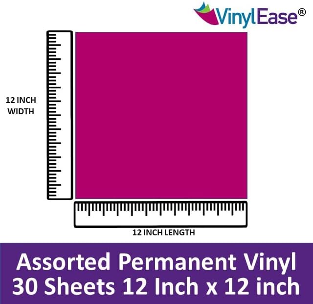 Vinyl Ease 12" x 12" 30 Sheets Assorted Glossy Colors Permanent Adhesive Vinyl for Cricut, Silhouette, Pazzles, Craft ROBO, QuicKutz, Craft Cutters, Die Cutters, Sign Plotters - V0101