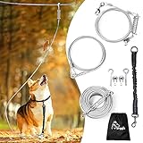 Dog Runner for Yard, Dog Trolley System-100ft Aerial Dog Tie Out Run Cable with 10ft Pulley Runner...