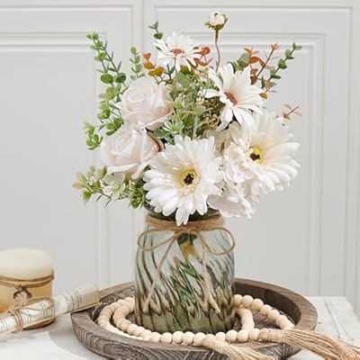 MEGLORYA Fake Flowers Artificial Flowers Roses Daisies with Vase, Faux Silk Flowers Eucalyptus Fake Plant Decor for Home Office, Bathroom Farmhouse Kitchen Dining Table Decor