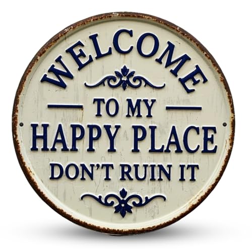 Welcome to My Happy Place Metal Door Sign Funny Round Vintage Decor Welcome Home Sign Metal Signs for Home Garden Garden Signs and Plaques for Outside (7.9x7.9 Inches Iron Material)