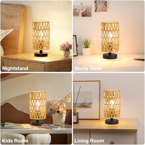 Image of Fenmzee Small Table Lamp for Bedroom - Inline Control, Bedside Lamp with 3000K A15 LED Blub, Easy Assembly(Rattan Rope Shade-Black Base,9 inch Inline Control)