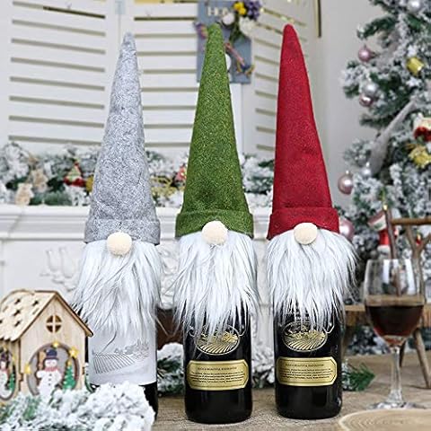 UHBGT Christmas Gnomes Wine Bottle Topper Cover, 3 Pcs Handmade Swedish Tomte Gnomes Wine Bottle Toppers Faceless Old Man Doll Christmas Santa Wine Bottle Covers for Holiday Party Gift Decorations Cover