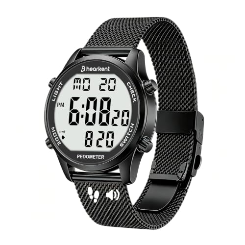 Hearkent Digital Talking Watch with Pedometer Announces time/Date/Steps/Calories in English Gift for Elderly Blind&Visually impaired 5 Alarm Reminders+Hourly Chime EL Backlight (Black Mesh Strap)