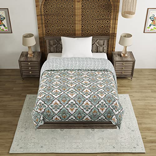 Image of BLOCKS OF INDIA Cotton Single Size Quilt Hand Block Print for Light Winters (60X90 Inches) (Grey Flower), Lightweight, 300 TC