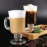 TAMQUSAK Glass Irish Coffee Mugs, 300 ml, Set of 2, Clear Footed Latte Cups with Handles, Heat Resistant