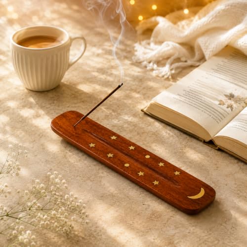Image of Pure Source India Wooden 10 inch Incense Stick Holder with Brass Moon & Star Inlay Design - Handmade Agarbatti Stand for Home, Puja, and Meditation
