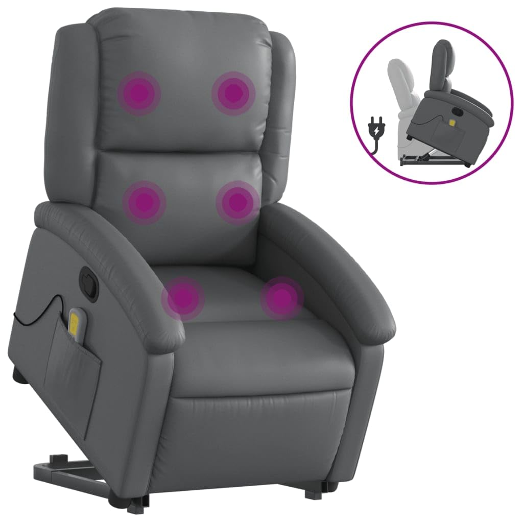 Sillón elevador reclinable con masaje de 6 puntos, color gris, piel sintética, función de elevación eléctrica y vibración, estructura estable de madera y metal, asiento cómodo