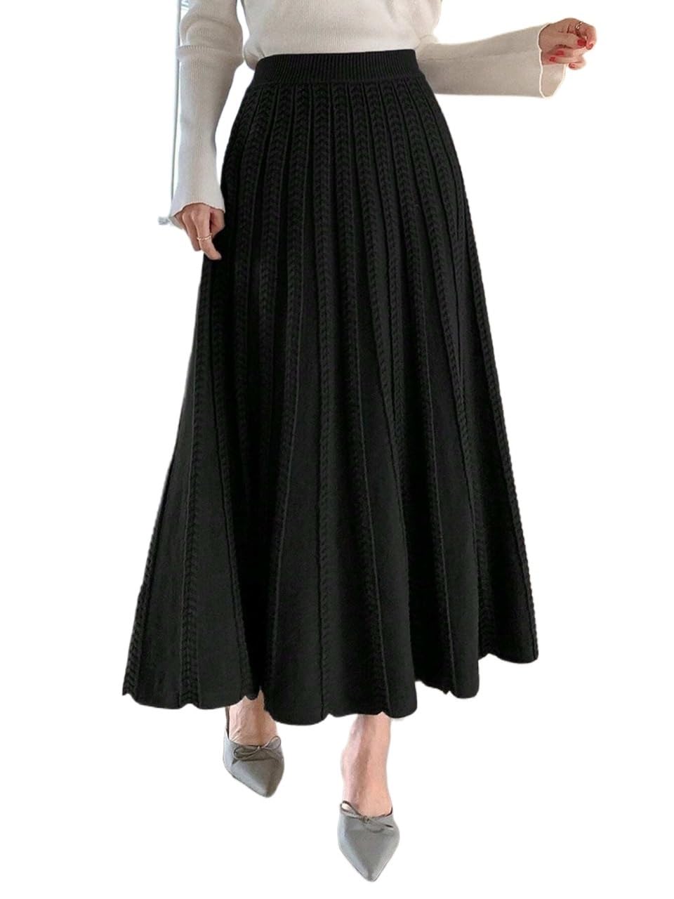 Elegant Solid Color A-Line Knit Long Skirt Womens Basic Versatile Trendy Skirt