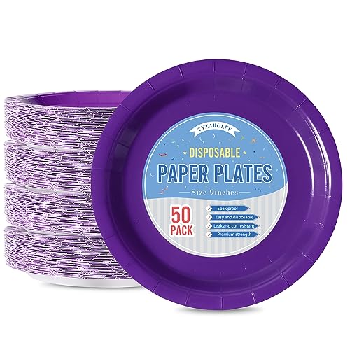 Image of Purple Disposable Paper Plates, 9 Inch Dinner Plates, 50 Count Bulk