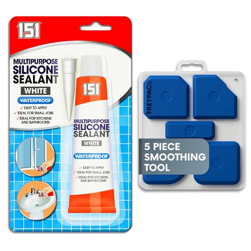 151 White Waterproof Silicone Sealant with 5 Piece Sealant Smoothing Tool Finishing Kit, Perfect for the Bath, Shower, Tiles, Aquariam Repairs, 70g, FREYPAC Bundle