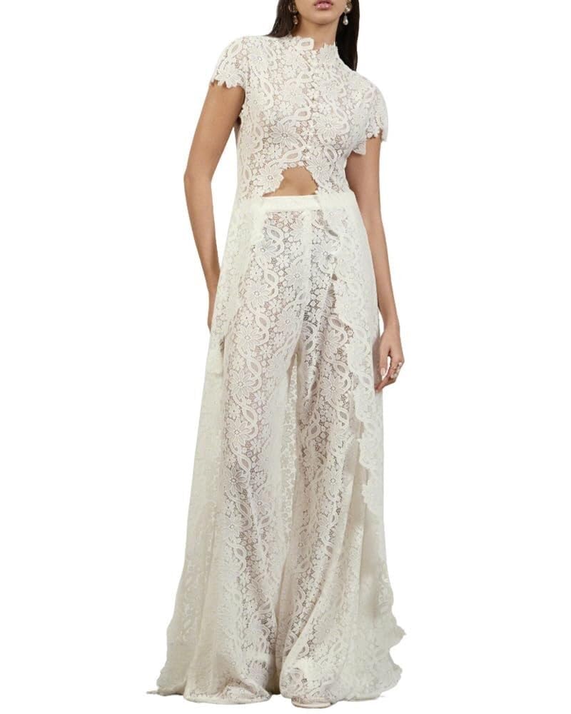 Genérico Conjunto Dos Piezas de Encaje Elegante Mujer Top Asimétrico Botones Manga Corta Pantalón Ancho Traje de Cita w