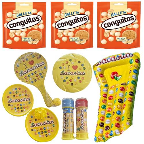 Pack vacaciones Lacasitos y Conguitos:3 galleta blanco doyp 120g,palas con ventosa y con pelota , pompero,frisbee y colchoneta